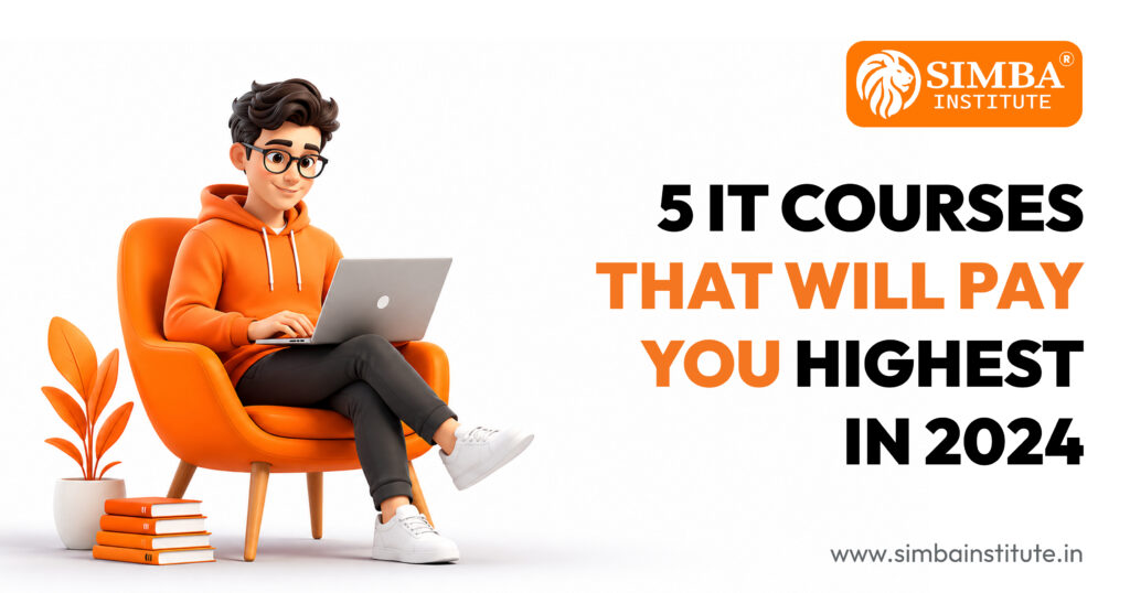 5 IT Courses To Get You A High Paying Job In 2024 Infographic showing the 5 highest paying IT courses in Surat including Full Stack Development and Digital Marketing at Simba Institute.