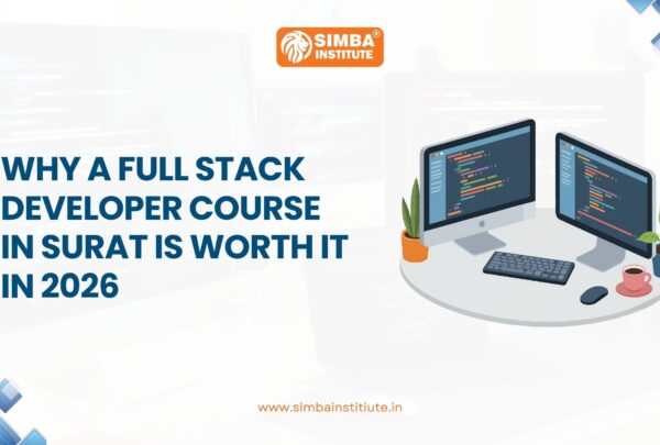 A modern IT classroom at Simba Institute in Surat where students are learning Full Stack Web Development. This visual guide explains the career benefits and salary potential of becoming a Full Stack Developer in 2026.