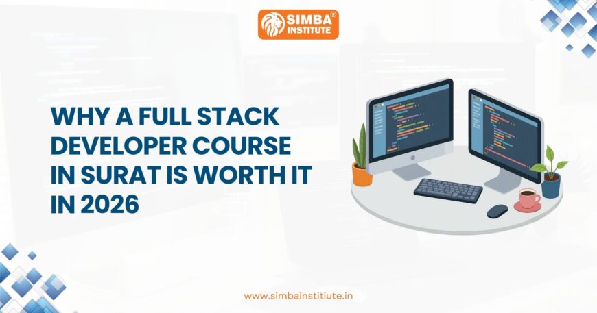 A modern IT classroom at Simba Institute in Surat where students are learning Full Stack Web Development. This visual guide explains the career benefits and salary potential of becoming a Full Stack Developer in 2026.