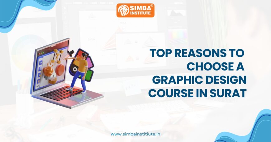 A professional graphic design workstation at Simba Institute in Surat, showing a student working on a high-end branding project. This visual guide highlights why choosing a graphic design course in Surat is a strategic move for a creative career in 2026.