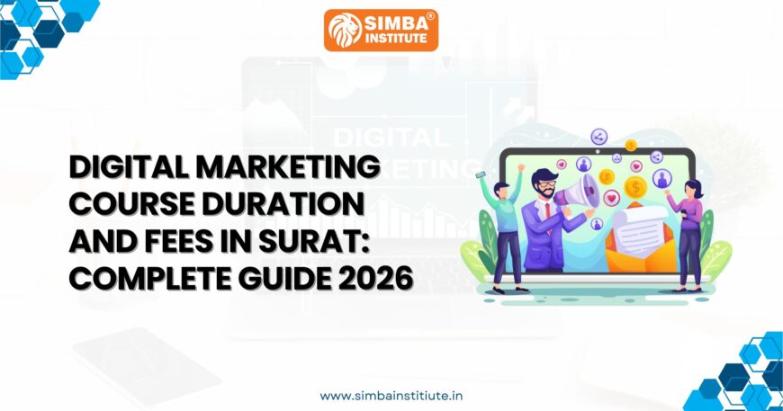 Informational banner for Simba Institute's 2026 digital marketing course guide, highlighting affordable fees and flexible durations in Surat.