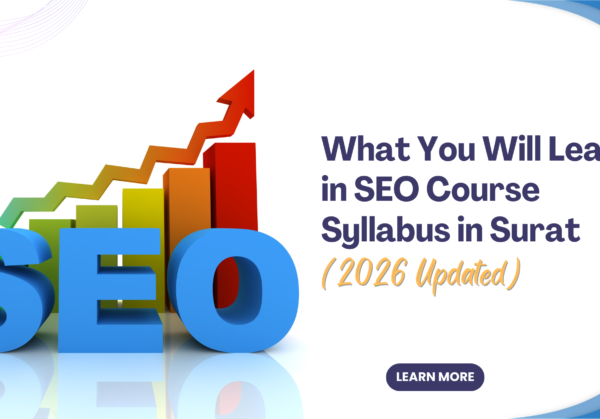 A professional banner for the Simba Institute SEO course syllabus in Surat, featuring an upward-trending growth graph and the year 2026.
