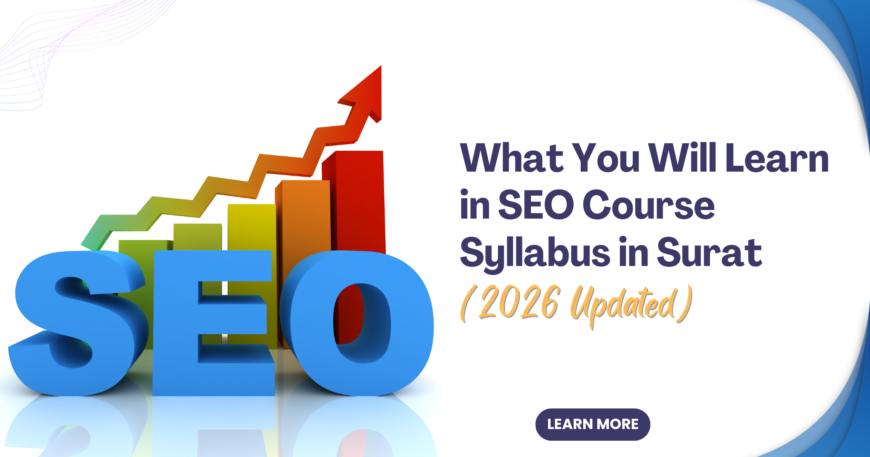 A professional banner for the Simba Institute SEO course syllabus in Surat, featuring an upward-trending growth graph and the year 2026.