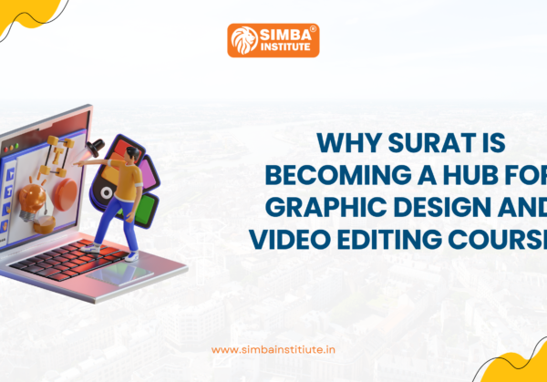 A modern graphic design and video editing workstation at Simba Institute Surat, showcasing the high-tech environment for creative students.