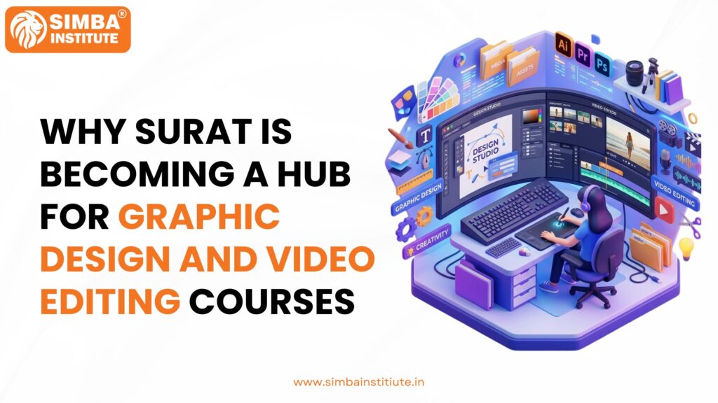 A modern, brightly lit multimedia lab at Simba Institute in Surat, featuring students working on high-end dual-monitor workstations editing video timelines and vector graphics.