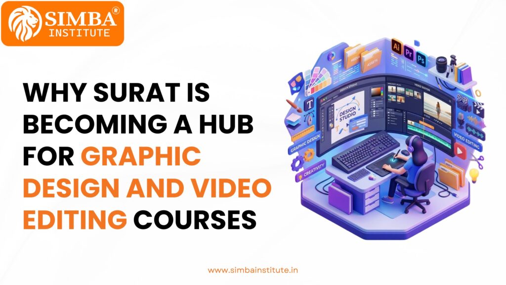 A modern, brightly lit multimedia lab at Simba Institute in Surat, featuring students working on high-end dual-monitor workstations editing video timelines and vector graphics.