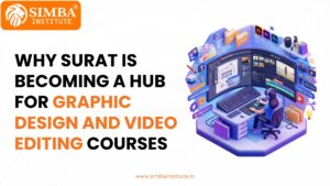 A modern, brightly lit multimedia lab at Simba Institute in Surat, featuring students working on high-end dual-monitor workstations editing video timelines and vector graphics.