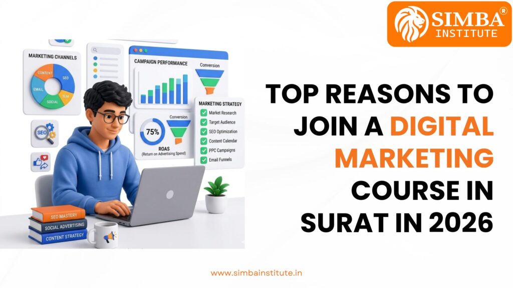 A vibrant graphic by Simba Institute highlighting key 2026 career opportunities, salary growth trends, and skill milestones achieved through their digital marketing course in Surat.