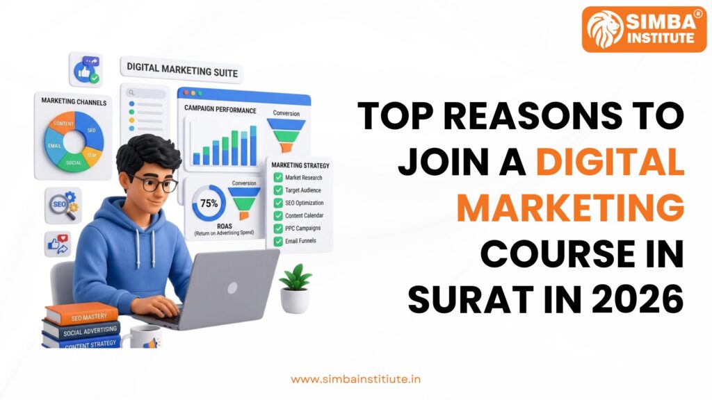 A vibrant graphic by Simba Institute highlighting key 2026 career opportunities, salary growth trends, and skill milestones achieved through their digital marketing course in Surat.