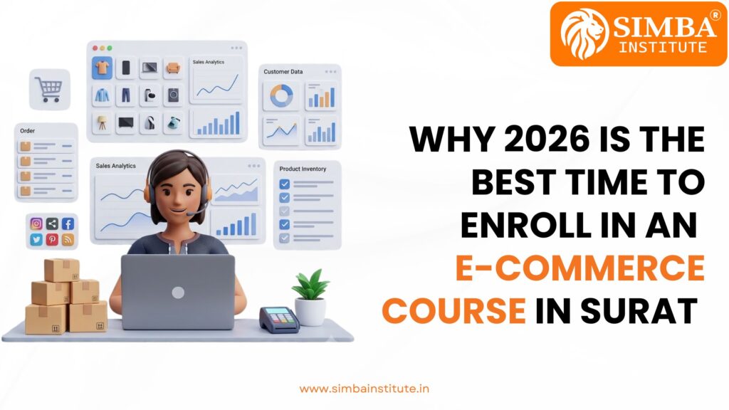 An interactive dashboard graphic from Simba Institute Surat detailing global e-commerce growth metrics, marketplace trends, and student project lifecycles for 2026.