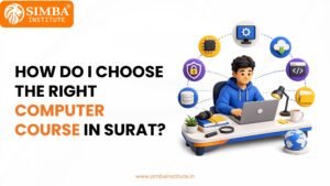 A career counselor at Simba Institute guiding a student through different computer course options and IT career paths in Surat.