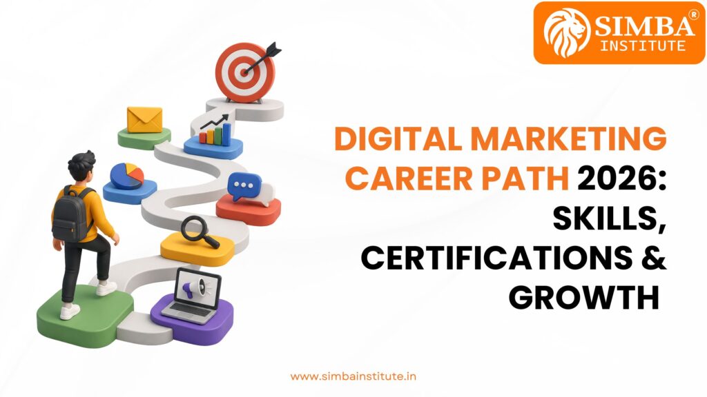 A comprehensive career roadmap graphic detailing the skills and certifications needed to succeed in digital marketing in 2026 by Simba Institute.