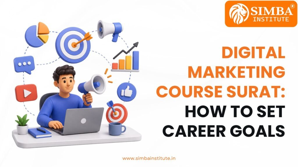 A mentor at Simba Institute helping a student outline digital marketing career goals on a board during a training session in Surat.