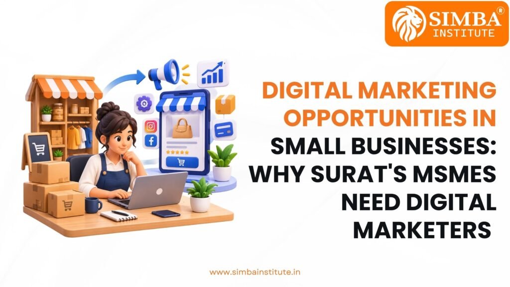A digital marketing strategist from Simba Institute presenting online growth strategies to local small business owners in Surat.