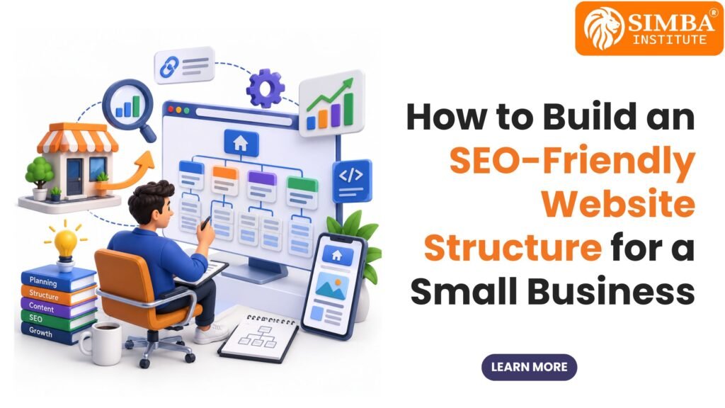 A diagram illustration by Simba Institute demonstrating an SEO-friendly website structure and internal linking architecture for a small business.