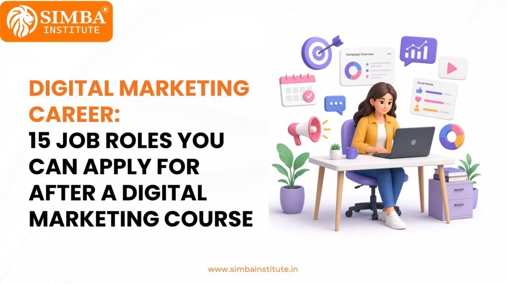 An infographic breakdown by Simba Institute displaying 15 career paths and job roles available after completing a digital marketing course.