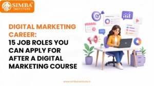 An infographic breakdown by Simba Institute displaying 15 career paths and job roles available after completing a digital marketing course.