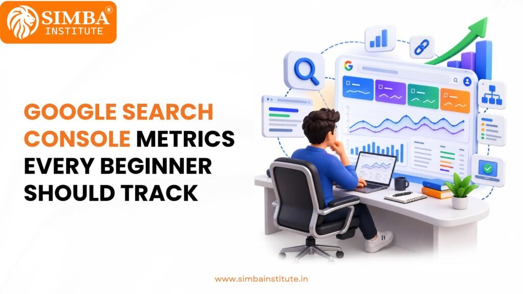 A step-by-step infographic guide by Simba Institute displaying the essential Google Search Console metrics including clicks, impressions, CTR, and average position