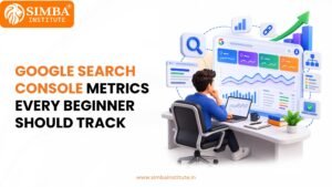 A step-by-step infographic guide by Simba Institute displaying the essential Google Search Console metrics including clicks, impressions, CTR, and average position